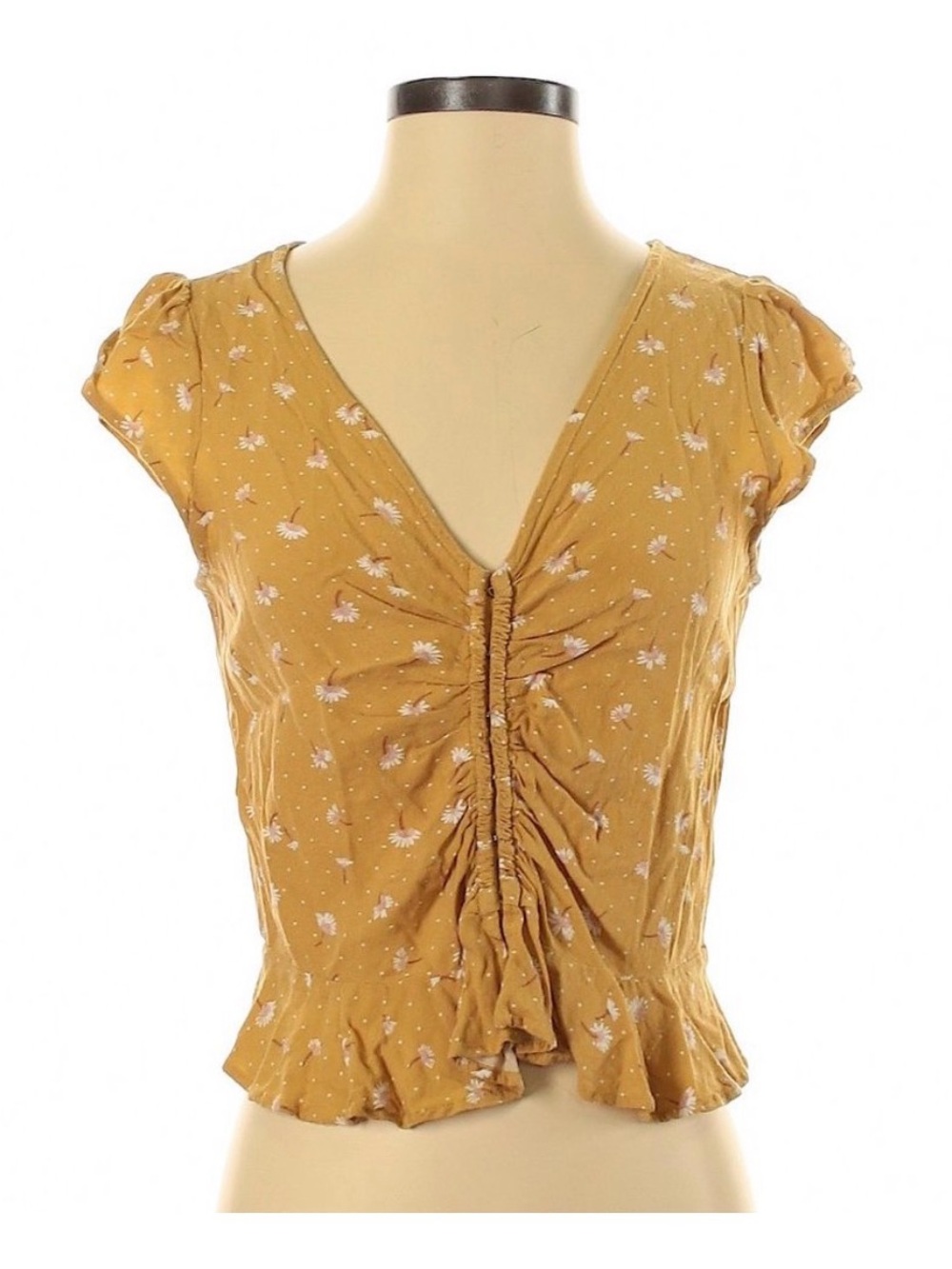 American Eagle Outfitters Mustard Floral Ruched V-Neck Top - Picture 2 of 4